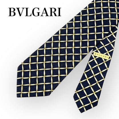 BVLGARI ブルガリ ネクタイ ネイビー イエロー 格子柄 シルク100%