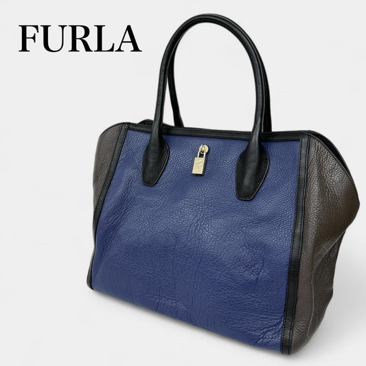 FURLA フルラ オリンピア ハンドバッグ  トートバッグ レザー バイカラー ネイビー ブラウン