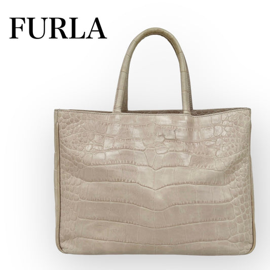 FURLA フルラ 2way トートバッグ ハンドバック ショルダーバッグ レザー ベージュ クロコ調 　