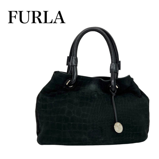 FURLA フルラ ハンドバック トートバッグ 肩がけバック ブラック クロコ調　