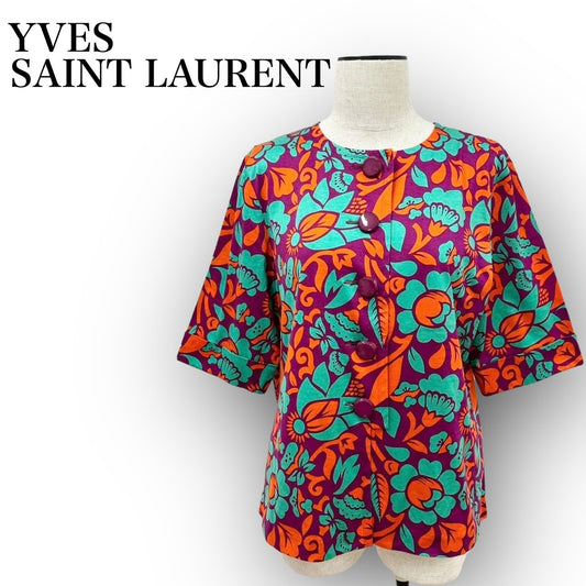 YVES SAINT LAURENT イヴサンローラン 花柄 ノーカラー 半袖ブラウス M パープル×レッド