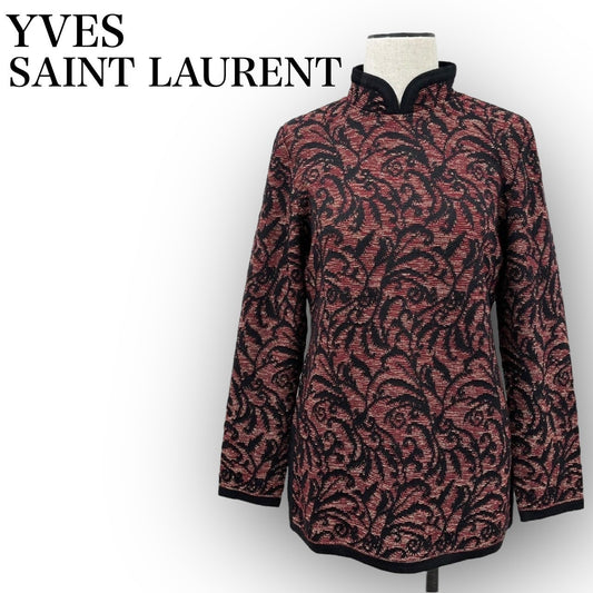 YVES SAINT LAURENT イヴサンローラン ジャガードニット 唐草模様 スタンドカラー スリット M ブラック×レッド