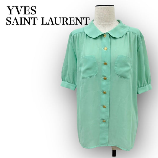 YVES SAINT LAURENT イヴサンローラン シフォン金ボタン 半袖 ブラウス M グリーン