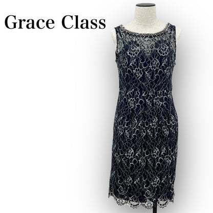 Grace Class グレース クラス ノースリーブ ワンピース 膝丈 ネイビー シルバー 総レース ビジュー 38