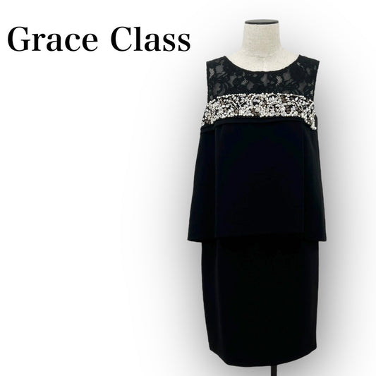 Grace Class グレースクラス ワンピース 膝丈 ブラック 黒 ノースリーブ レース ビジュー サイズ：36