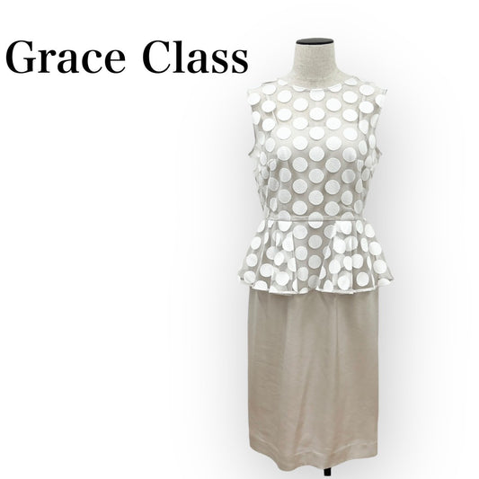 Grace Class グレース クラス ノースリーブワンピース ベージュ ホワイト ドット レース 38