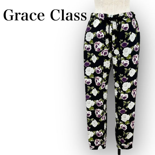 Grace Class グレースクラス イージーパンツ ブラック 花柄 バラ パープル ウエストゴム 38