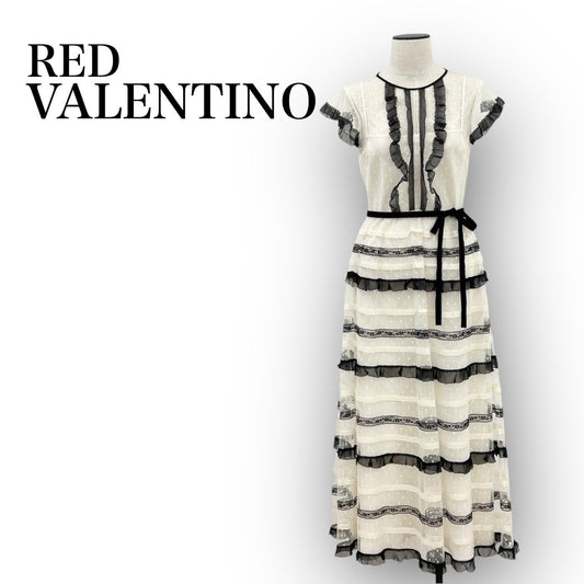 RED VALENTINO レッドヴァレンティノ ワンピース ロング ボーダー レース ホワイト ブラック 40