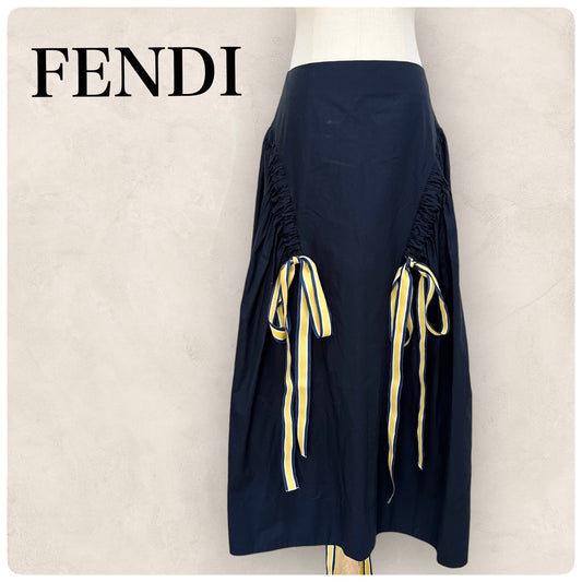 【美品】FENDI フェンディ サイド イエローリボン スカート サイズ44 ネイビー 紺 202403-1502