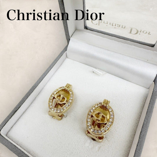 【美品】Christian Dior クリスチャンディオール ケース付き ストーン付き オーバルイヤリング ゴールド 202408-0430