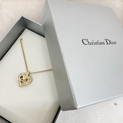 【美品】Christian Dior クリスチャンディオール ケース付き ストーンハートネックレス ゴールド 202408-0429