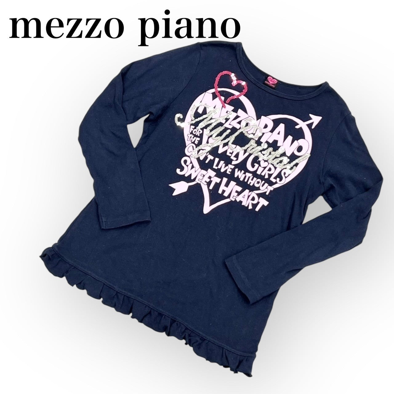 mezzo piano メゾピアノ 長袖Tシャツ カットソー 子供服 女の子 140 ネイビー ハートイラスト