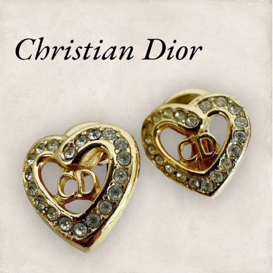 【美品】Christian Dior クリスチャンディオール ストーンハート イヤリング ゴールド 202408-0431