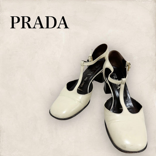 【使用感あり】PRADA プラダ チャンキーヒール レザー ストラップパンプス サイズ36 1/2 オフホワイト 白 202406-2113