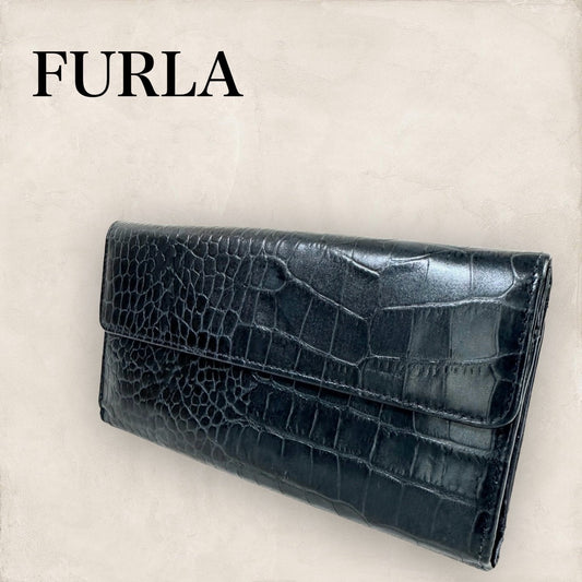 【美品】FURLA フルラ ロングウォレット レザー クロコダイル 黒 ブラック 202406-2016