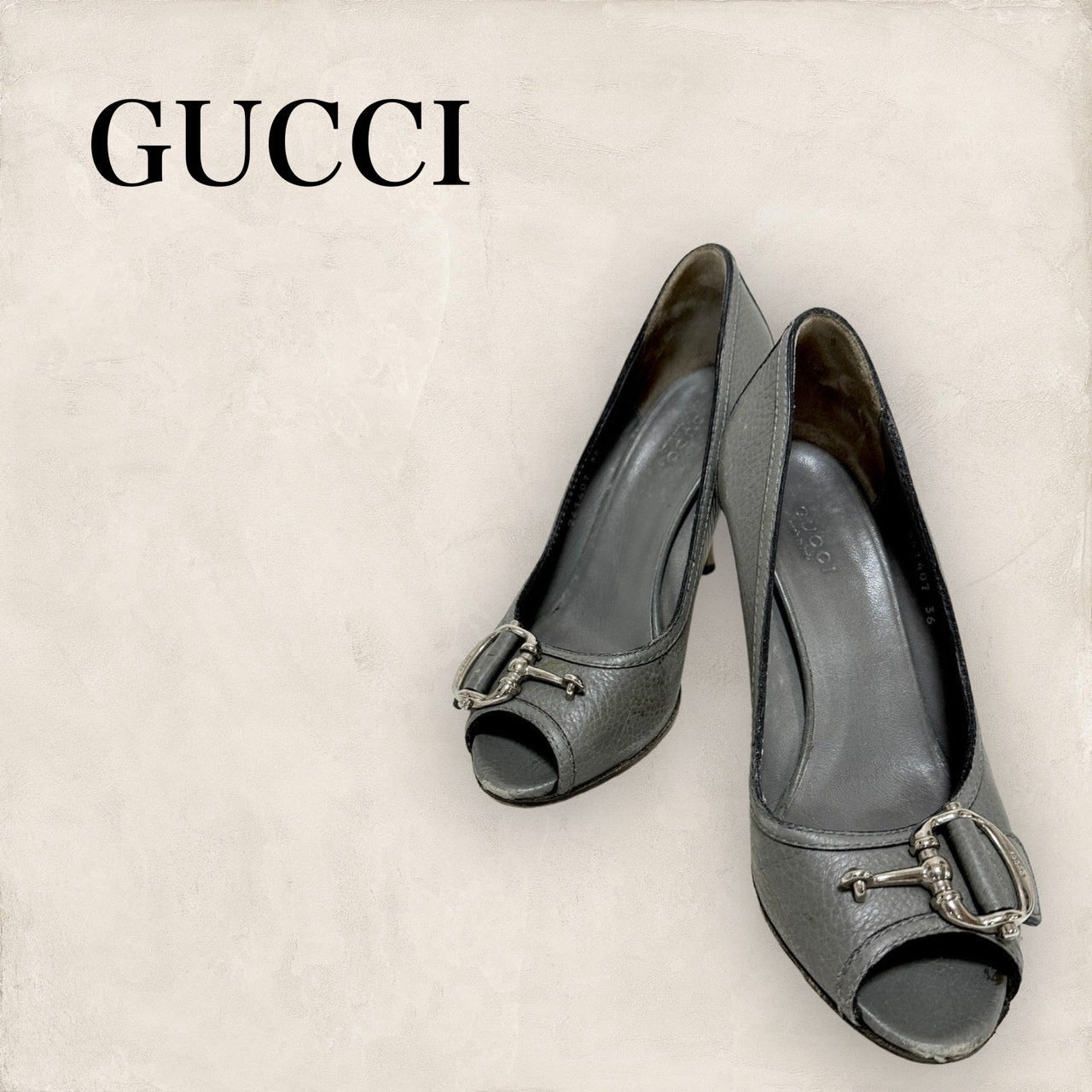 【多少の傷と汚れあり】GUCCI グッチ ビット オープントゥ ハイヒール パンプス サイズ36 グレー 202406-2112