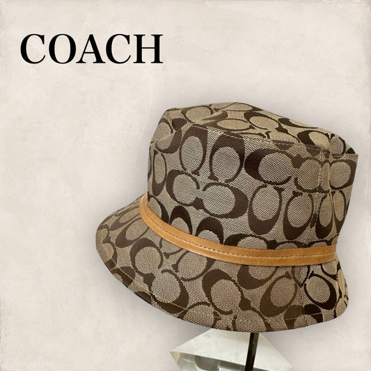 【美品】COACH コーチ シグネチャー ベルトデザイン バケットハット 帽子 裏地オレンジ サイズM/L ベージュ系 202406-2005