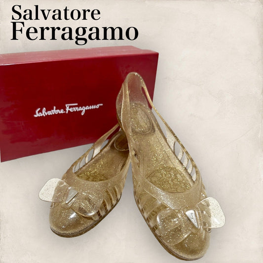 【靴裏汚れあり・箱付き】Salvatore Ferragamo サルヴァトーレ フェラガモ リボン ラバー フラットシューズ　靴 ゴールド ラメ　サイズ8 202406-2118