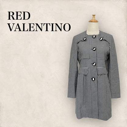 【極美品】RED VALENTINO ギンガムチェック ノーカラーコート サイズ40 紺 ネイビー 202406-2002