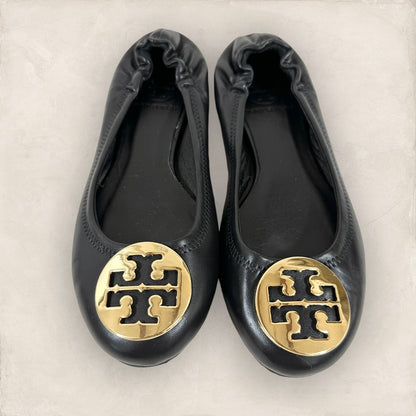 【美品・箱付】TORY BURCH トリーバーチ フラットシューズ バレイシューズ レザー サイズ7M ブラック×ゴールド 黒 202406-0166