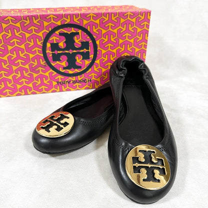 【美品・箱付】TORY BURCH トリーバーチ フラットシューズ バレイシューズ レザー サイズ7M ブラック×ゴールド 黒 202406-0166