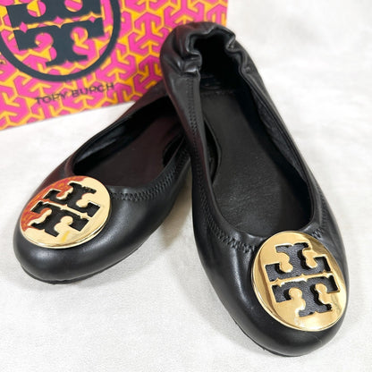 【美品・箱付】TORY BURCH トリーバーチ フラットシューズ バレイシューズ レザー サイズ7M ブラック×ゴールド 黒 202406-0166