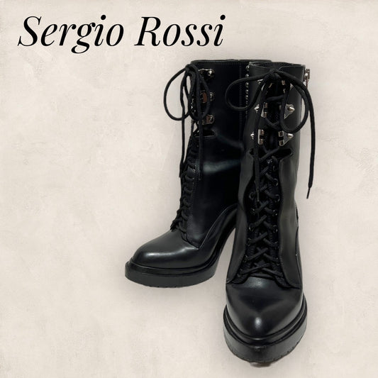 【美品】Sergio Rossi セルジオロッシ ブーツ レースアップ 編み込み ファスナー ブラック 黒 サイズ39 202406-0224