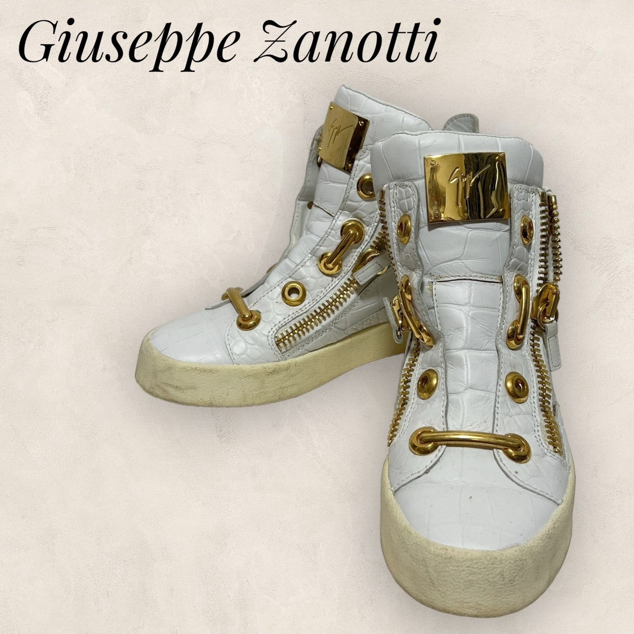 【少し使用感あり】GIUSEPPE ZANOTTI ジュペッゼザノッティ ハイカットスニーカー ホワイト ゴールド 白 サイズ39　202406-0222