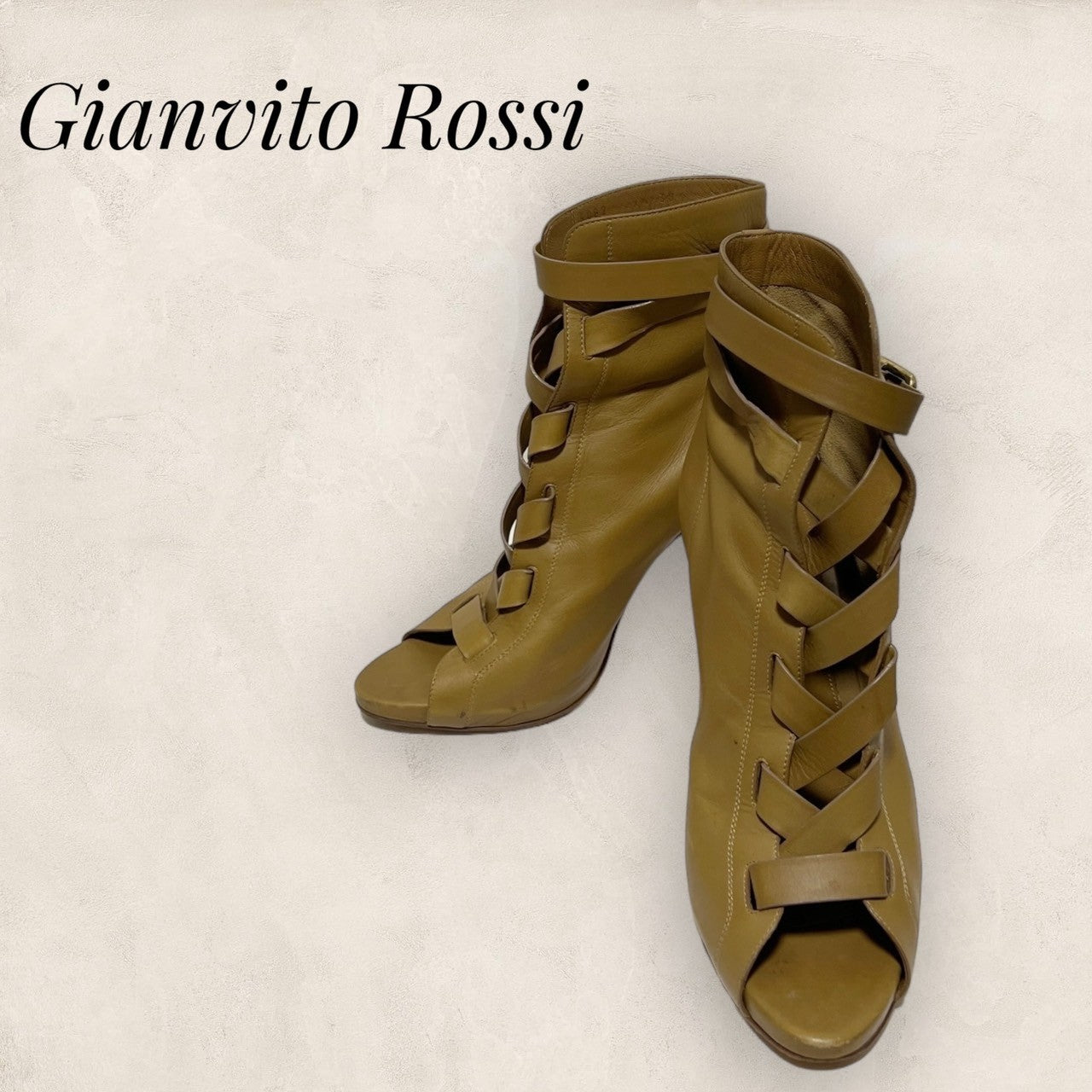 【少し使用感あり】Gianvito Rossi ジャンヴィト ロッシ オープントゥパンプス ショートブーツ ハイヒール レースアップ レザー ブラウン サイズ38 1/2 202406-0226