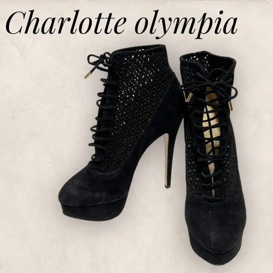 【美品】CHARLOTTE OLYMPIA シャーロットオリンピア パンプス ショートブーツ レース編み スエード ブラック 黒 サイズ38 1/2 202406-0221