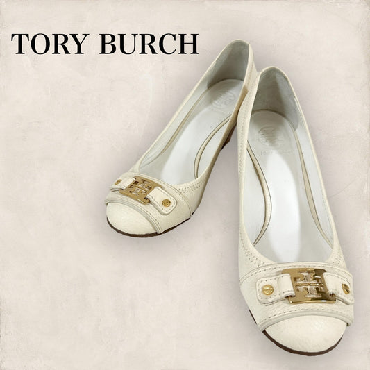 【多少使用感あり】Tory Burch トリーバーチ パンプス ウェッジソール ホワイト 白 ゴールド サイズ７M 202406-0171