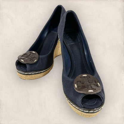 【使用感あり】Tory Burch トリーバーチ オープントゥ パンプス ウェッジソール キャンバス ネイビー 紺  サイズ 6 1/2 23.5cm相当202406-0172