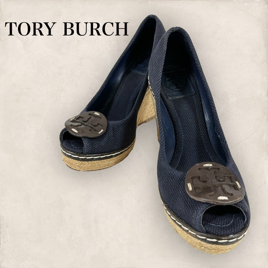 【使用感あり】Tory Burch トリーバーチ オープントゥ パンプス ウェッジソール キャンバス ネイビー 紺  サイズ 6 1/2 23.5cm相当202406-0172