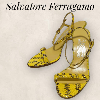 【美品・箱袋あり】Salvatore Ferragamo  サルバトーレフェラガモ サンダル パンプス イエローブラック 黄色 黒 パイソン柄 サイズ5 1/2 202406-0198