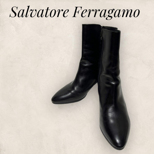 【美品・保存袋】Salvatore Ferragamo サルバトーレフェラガモ ショートブーツ ヒール ブラック 黒 サイズ5 1/2 202406-0199