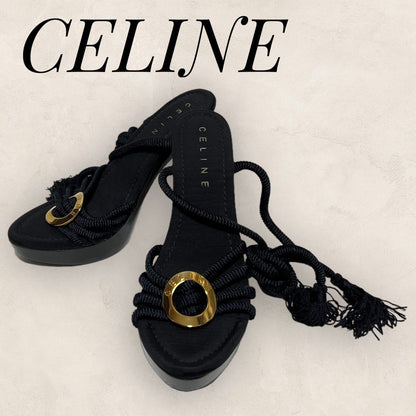 【美品】CELINE セリーヌ パンプス サンダル 紐ストラップ フリンジ ブラック 黒 ゴールド サイズ36 202406-0202