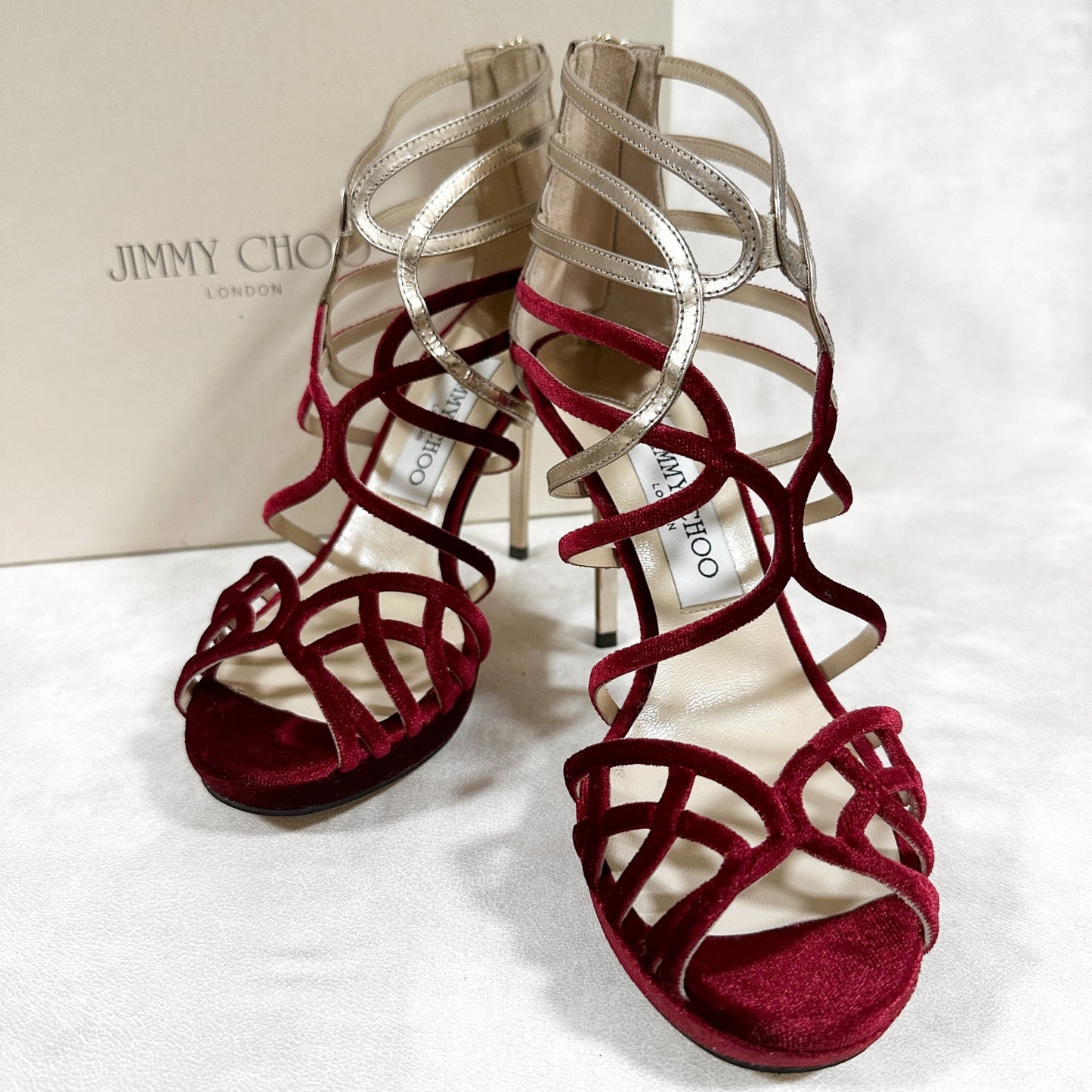 【美品・箱付き】JIMMY CHOO ジミーチュウ サンダル ヒール スエード レッド 赤 ゴールド サイズ35 202406-0184