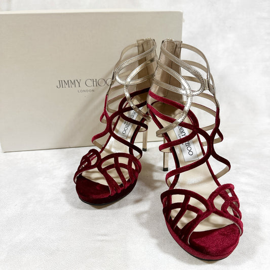 【美品・箱付き】JIMMY CHOO ジミーチュウ サンダル ヒール スエード レッド 赤 ゴールド サイズ35 202406-0184