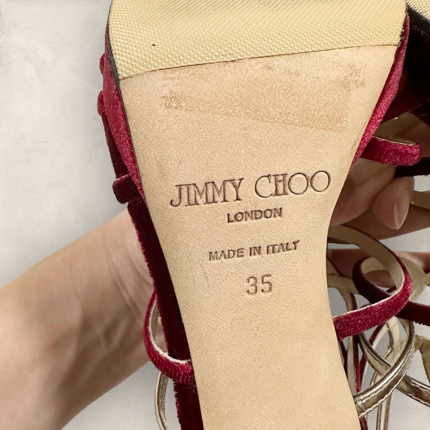 【美品・箱付き】JIMMY CHOO ジミーチュウ サンダル ヒール スエード レッド 赤 ゴールド サイズ35 202406-0184