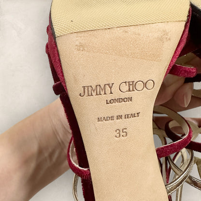 【美品・箱付き】JIMMY CHOO ジミーチュウ サンダル ヒール スエード レッド 赤 ゴールド サイズ35 202406-0184