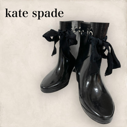 【傷スレあり】KATE SPADE NEW YORK ケイトスペード ニューヨーク ブーツ レインブーツ リボン エナメル ブラック 黒 サイズ7 202406-0176