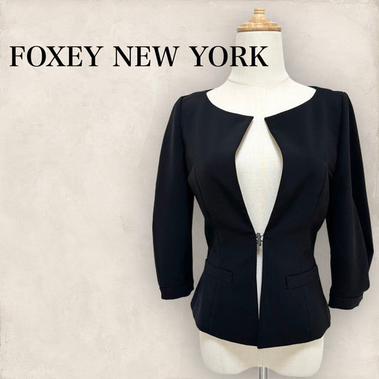 【美品】FOXEY NEW YORK フォクシーニューヨーク ノーカラージャケット 黒 ブラック 38 202406-0161