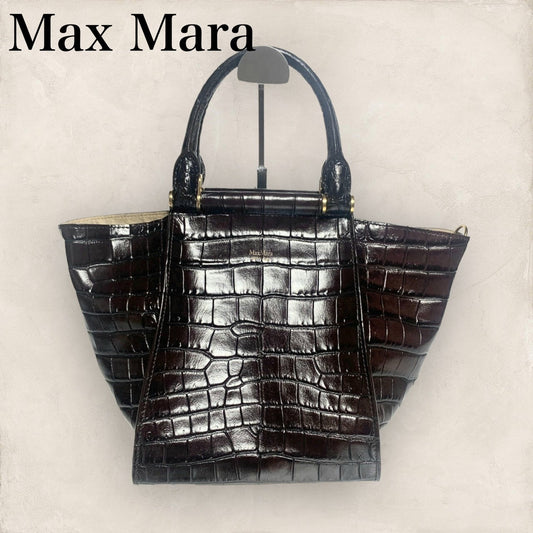 【美品】Max Mara マックスマーラ ハンドバッグ ショルダーバッグ 2way アニータ クロコ型押しブラウン 茶色 202406-0320