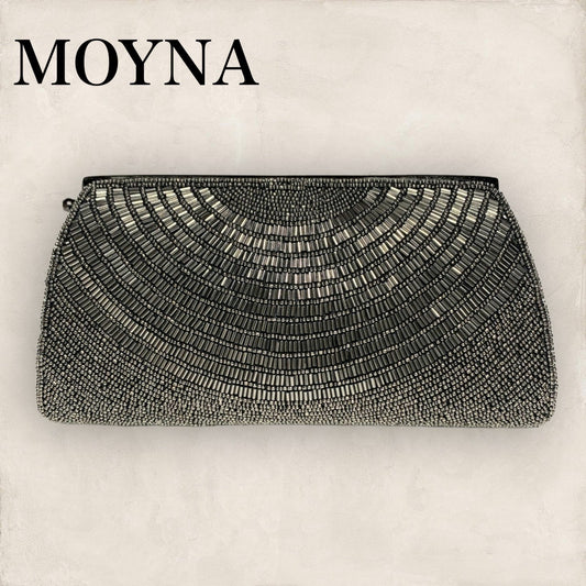 【美品・保存袋】MOYNA モイナ クラッチバッグ  ショルダー ミラー付き ビーズ シルバー×グレー 保存袋付き 202406-0321