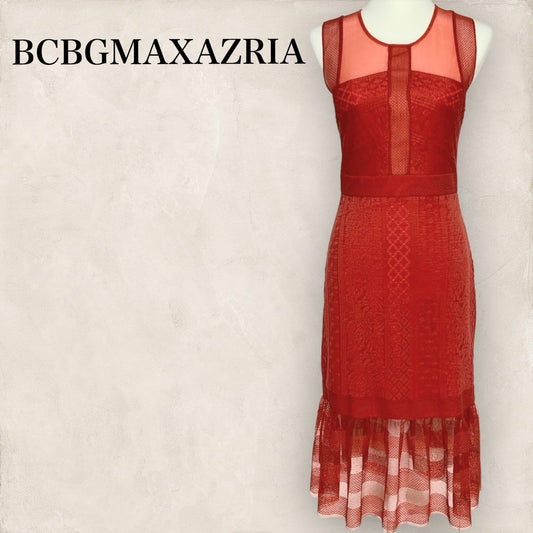 【目立った傷や汚れなし】BCBGMAXAZRIA ビーシービージーマックスアズリア ワンピース ノースリーブドレス レースシースルー レッド 赤 サイズS 202406-0334