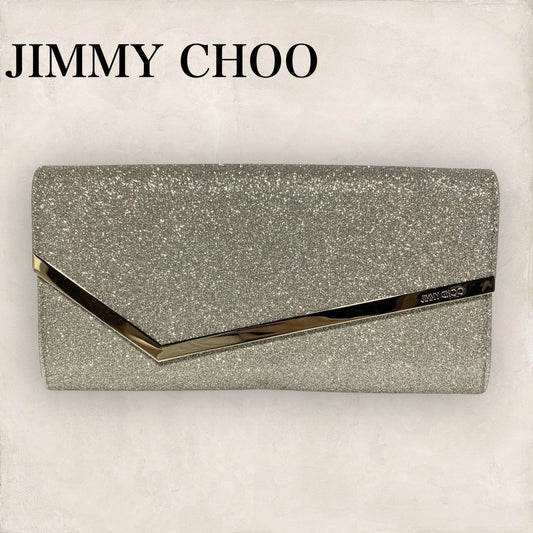 【美品・保存袋】JIMMY CHOO ジミーチュー クラッチバッグ ショルルダー付き ラメ 保存袋付き ゴールド 202406-0322