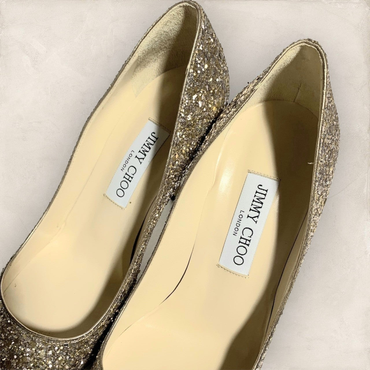 【美品・箱付き】JIMMY CHOO ジミーチュー パンプス ヒール ゴールド ラメ ホロ グリッター 箱付き サイズ38 1/2 202406-0323