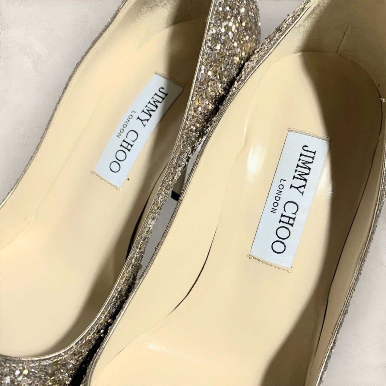 【美品・箱付き】JIMMY CHOO ジミーチュー パンプス ヒール ゴールド ラメ ホロ グリッター 箱付き サイズ38 1/2 202406-0323