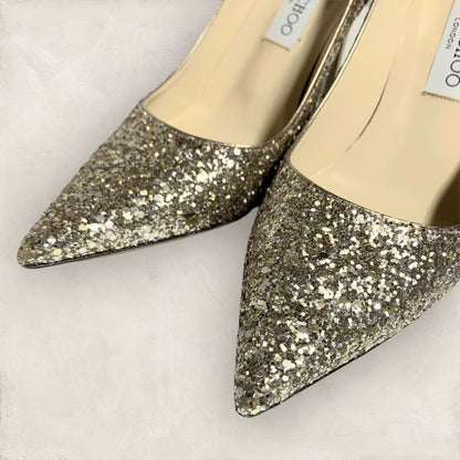 【美品・箱付き】JIMMY CHOO ジミーチュー パンプス ヒール ゴールド ラメ ホロ グリッター 箱付き サイズ38 1/2 202406-0323