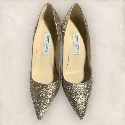 【美品・箱付き】JIMMY CHOO ジミーチュー パンプス ヒール ゴールド ラメ ホロ グリッター 箱付き サイズ38 1/2 202406-0323